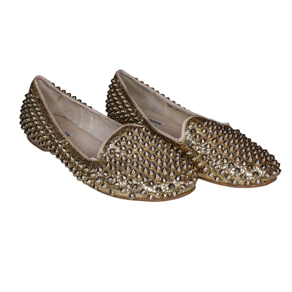 Steve Madden Studlyy Flats Gold Leather Studded Glitter Slip Ons 7M